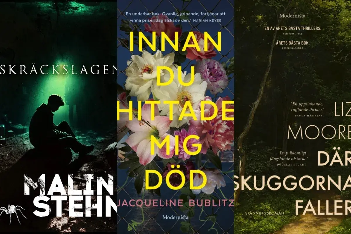 Tre omslag till nya deckare: en med en skräckinjagande scen, en med blommor och en med en skog.