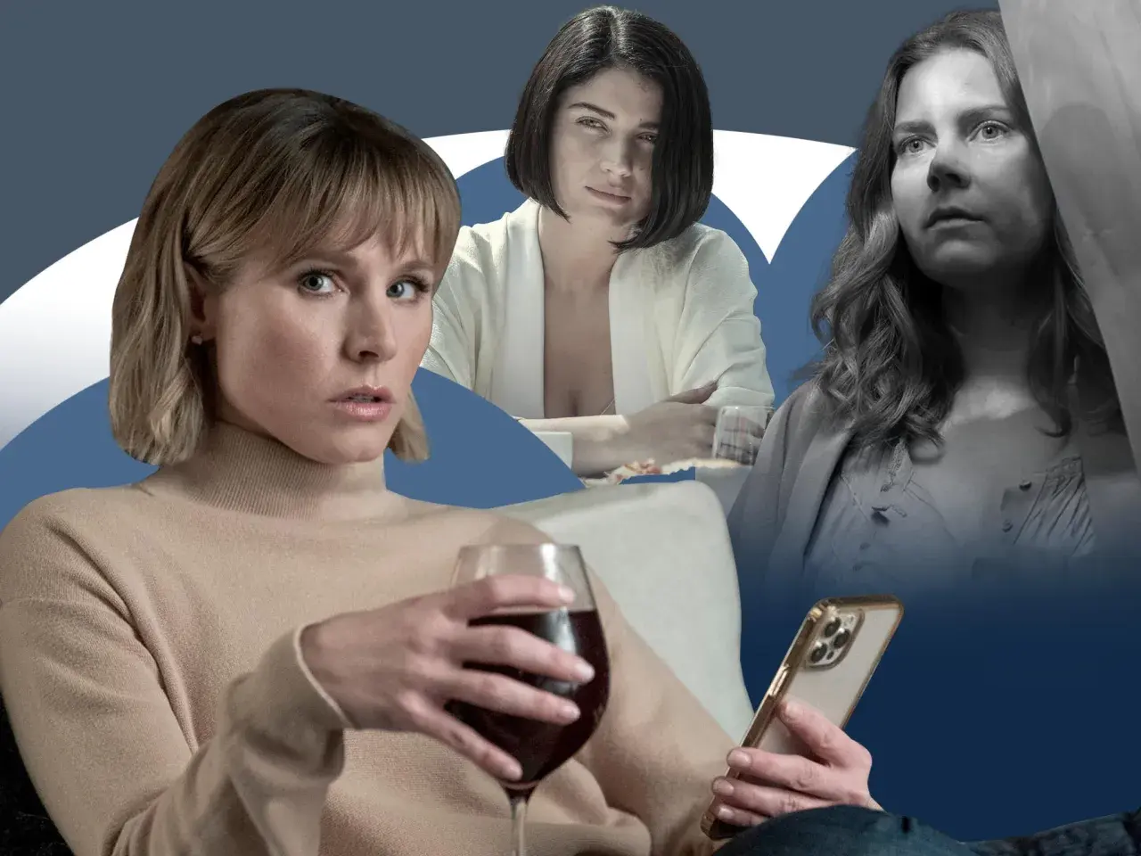 Kvinnan i huset mittemot flickan i fönstret, med ett glas vin och en telefon.