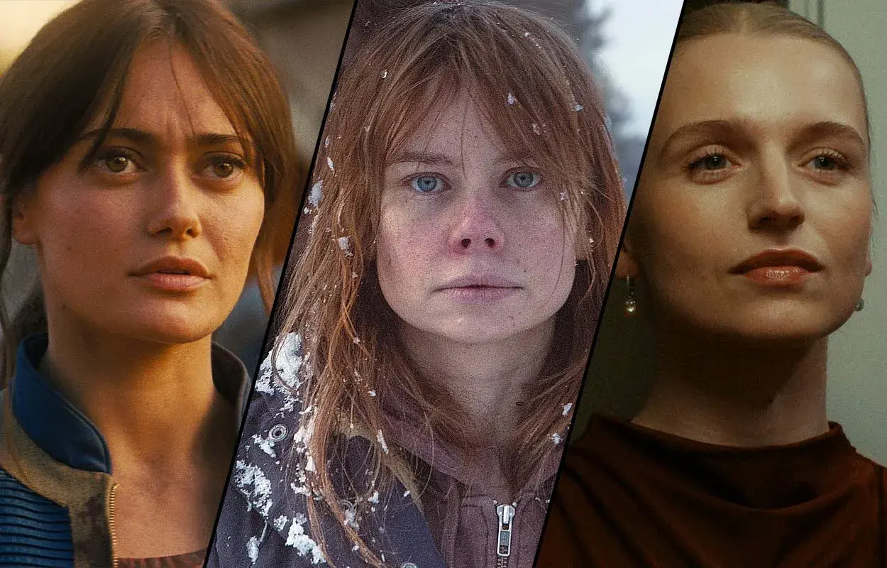Tre kvinnor i närbild, en med snö i håret, antyder en spännande och bra thriller.