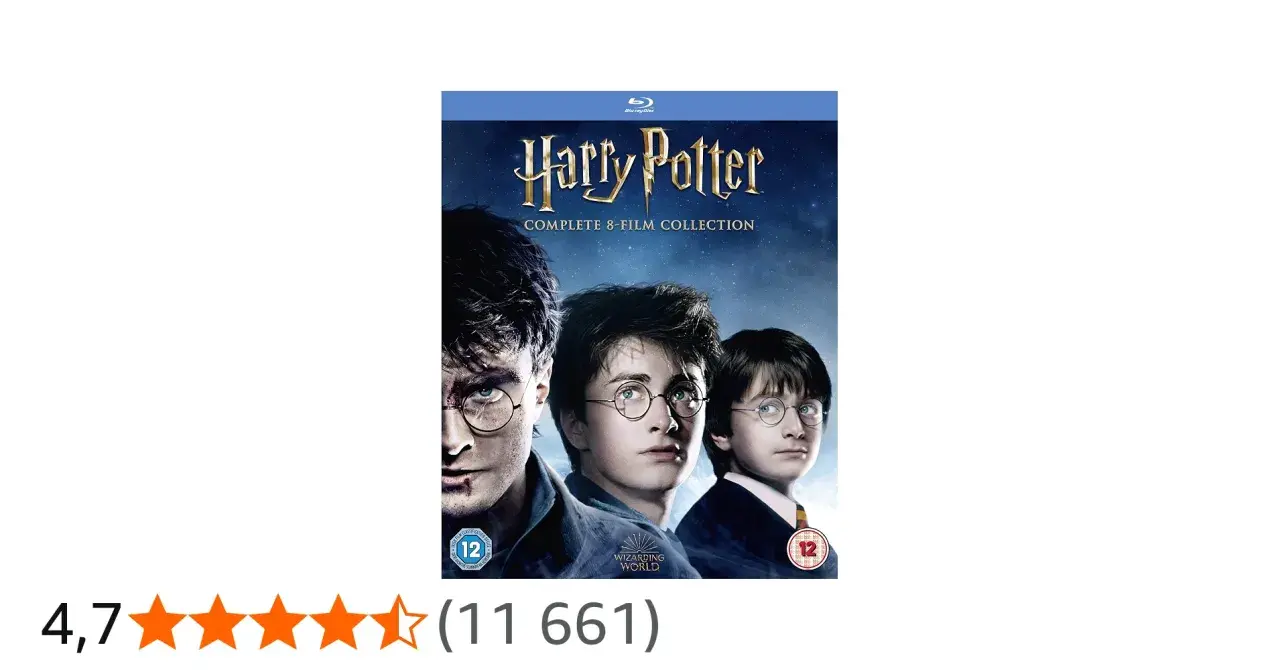 Blu-ray-samling med alla åtta harry potter-filmer, med Harry, Ron och Hermione.