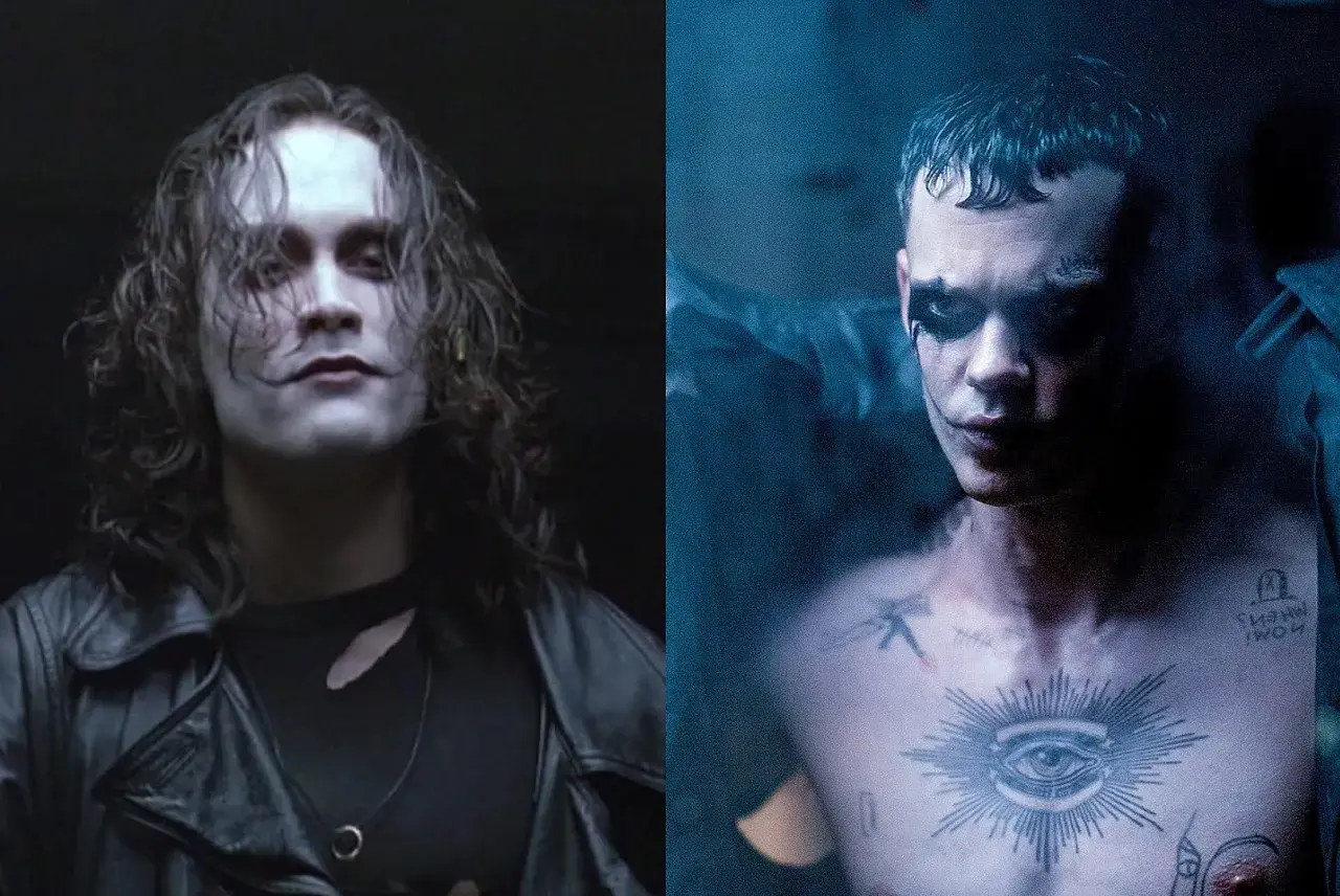 Två versioner av rollistan i The Crow: Brandon Lee med sitt ikoniska smink och långa hår, och Bill Skarsgård med mörkare smink och tatueringar.
