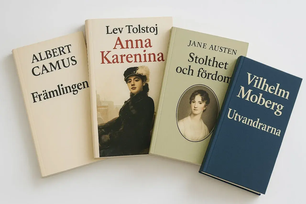 Fyra böcker: "Främlingen" av Camus, "Anna Karenina" av Tolstoj, "Stolthet och fördom" av Austen och "Utvandrarna" av Moberg. Dessa klassiker visar vad som kan menas med en novell, en kort berättelse.