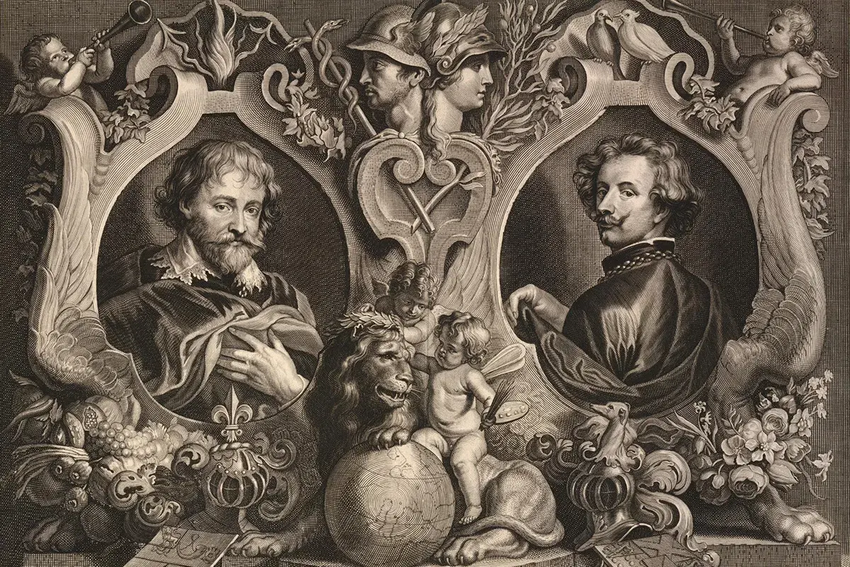 Gravyr med två porträtt, inspirerad av Peter Paul Rubens. En putto med pensel och palett sitter på en lejon och jordglob.