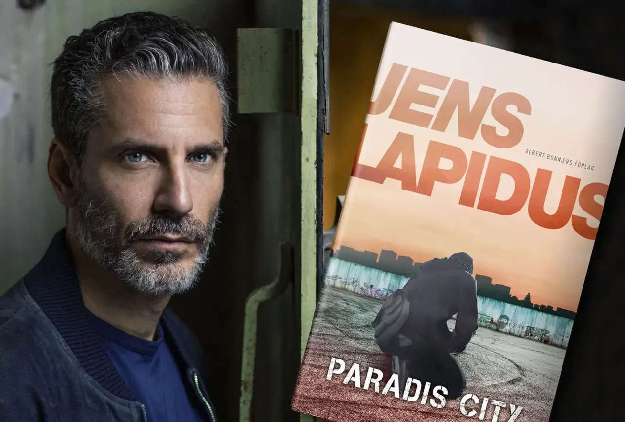 Jens Lapidus bokomslag "Paradis City" med en man med grått skägg och blå ögon.