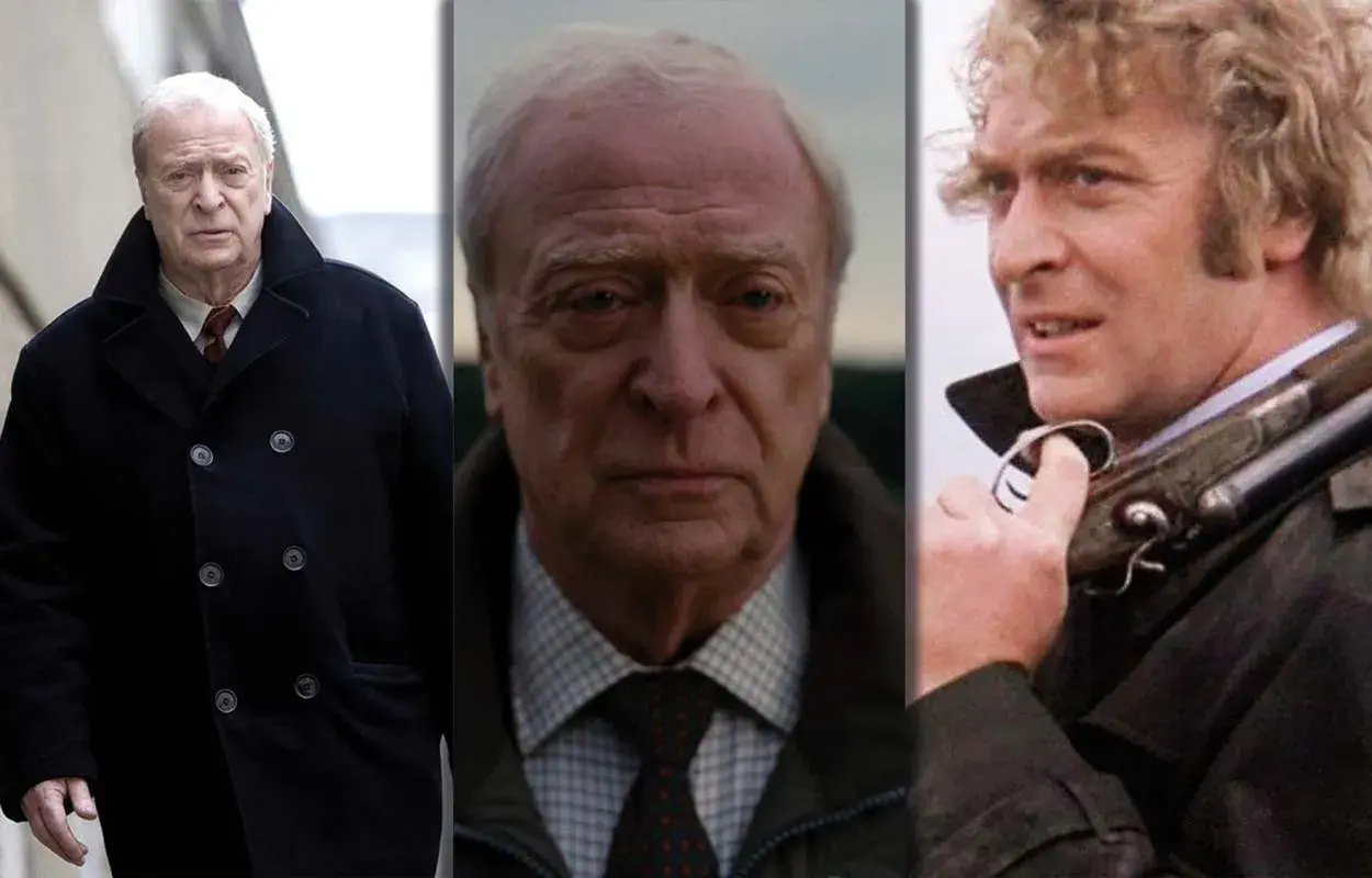 Triptyk med Michael Caine i olika roller. Från vänster: en äldre Caine i mörk rock, en närbild på hans ansikte, och en yngre Caine med ett gevär.