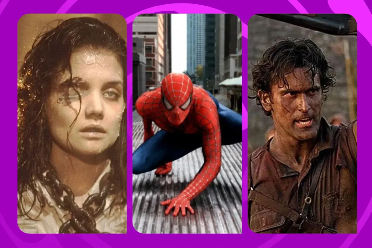 Triptyk med scener från filmer med Sam Raimi: en kvinna med kedjor, Spindelmannen i en stad och en smutsig man med gevär.