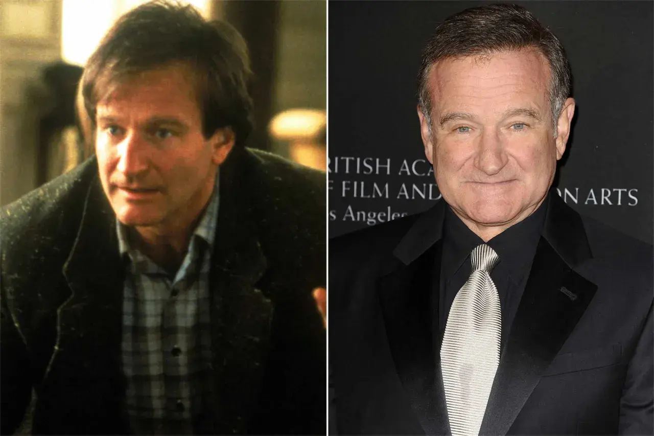 Robin Williams som Alan Parrish i Jumanji. Till vänster i filmkostym, till höger i svart kostym med mönstrad slips.