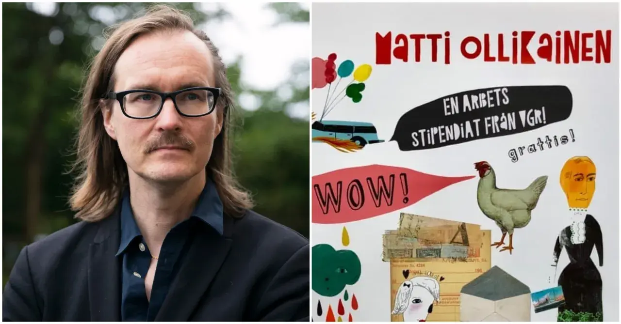 Porträtt av Matti Ollikainen bredvid en collage med texten "Matti Ollikainen", en buss, en höna och "gratis!".