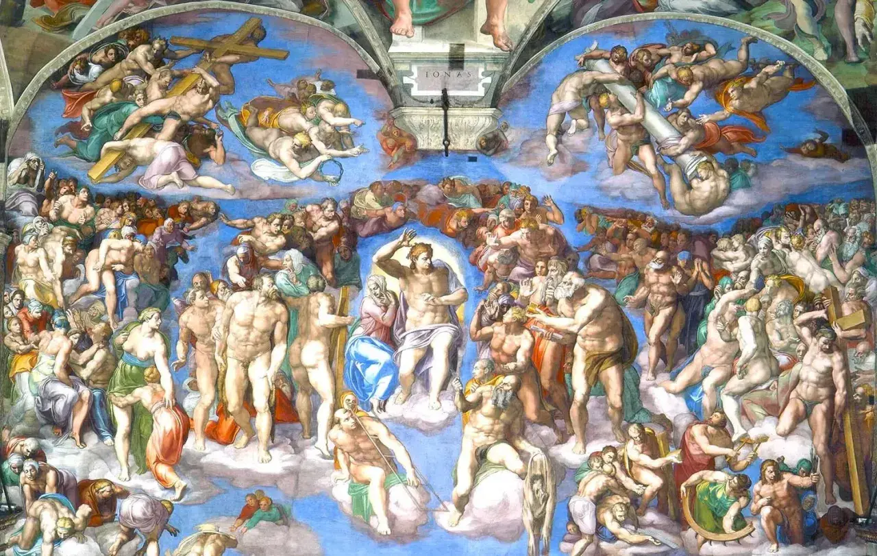 Michelangelo konstverk: Den yttersta domen, en dramatisk himmelsk scen med otaliga figurer som stiger upp och faller.