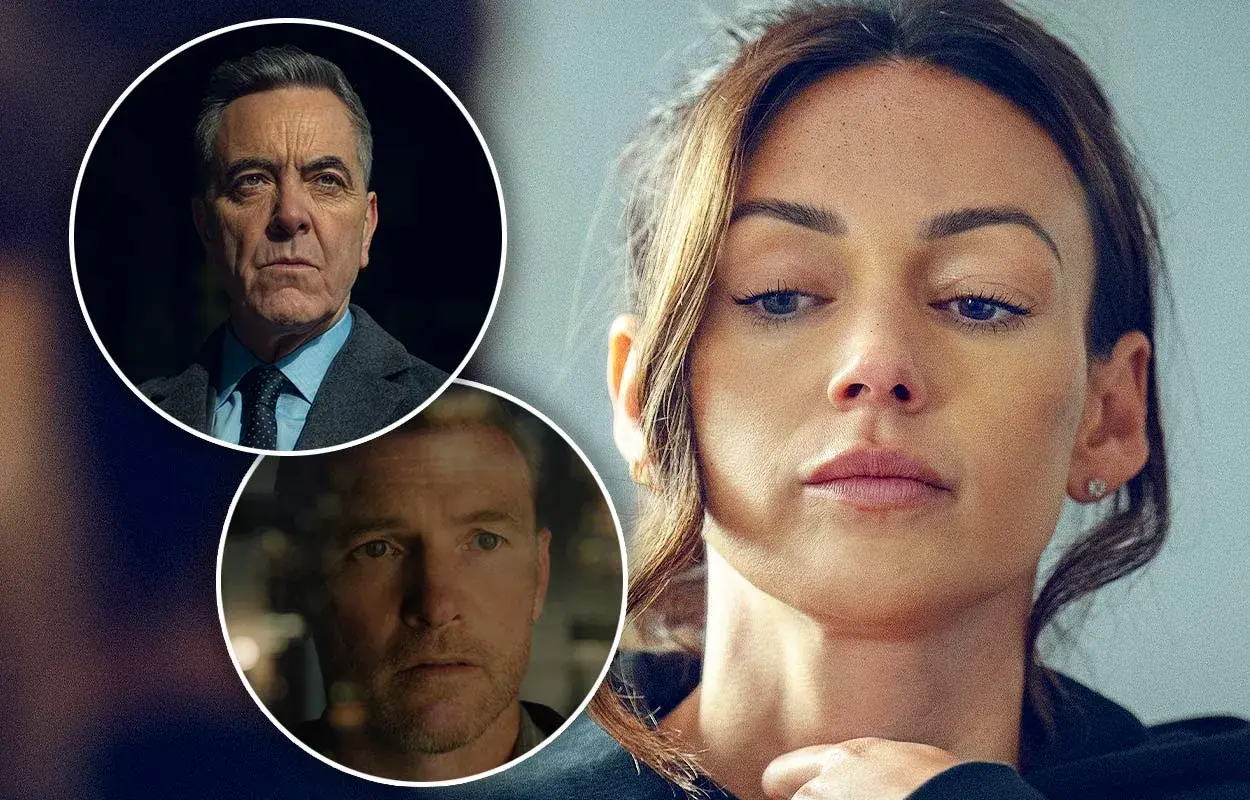 Tre män och en kvinna i en dramatisk scen, kanske från en av Harlan Coben serier.