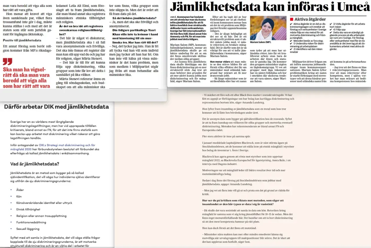 Mariam Salem (MP) vill införa jämlikhetsdata för att motverka diskriminering.