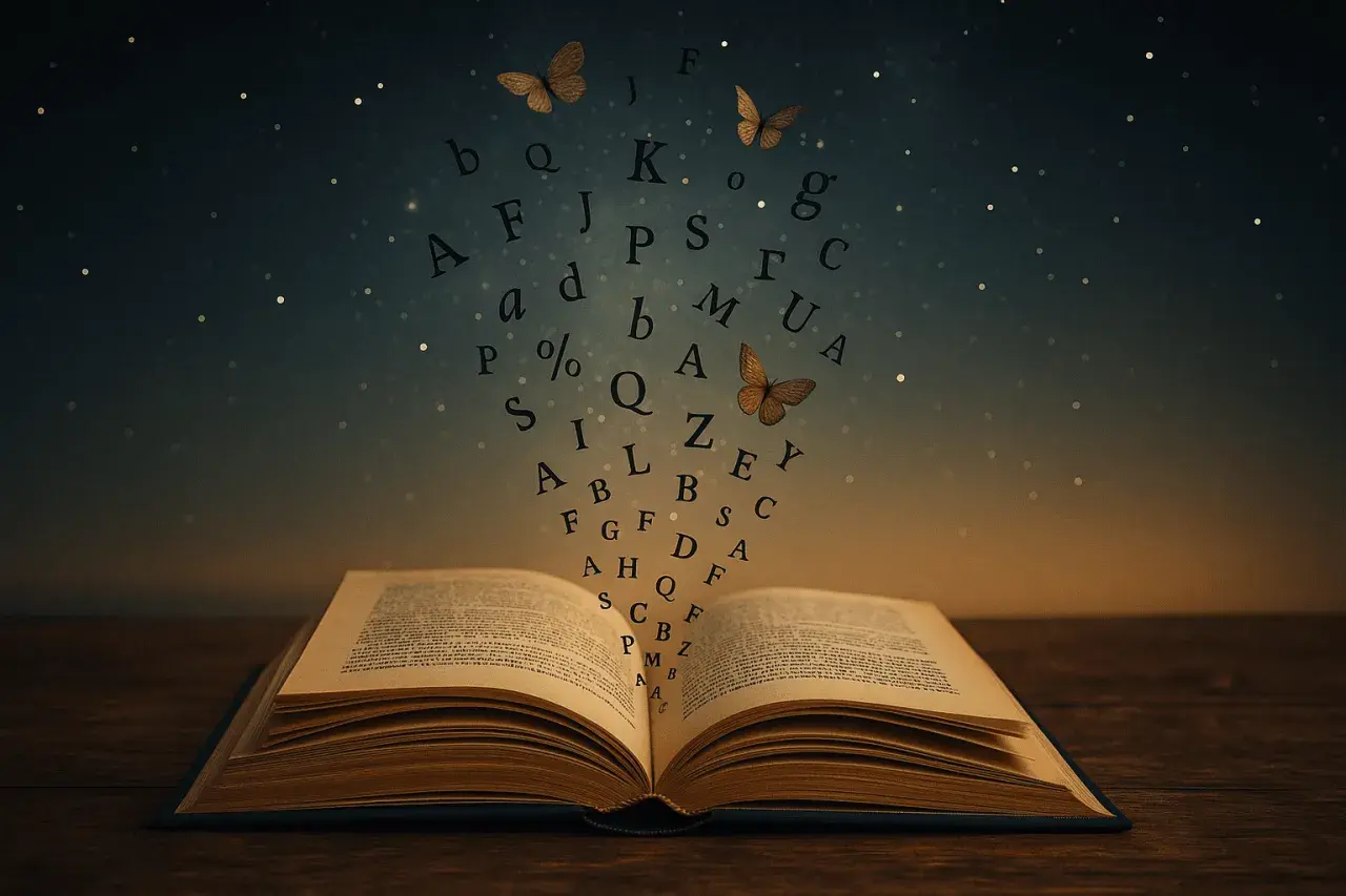 An open book with letters and butterflies floating out into a starry night sky.