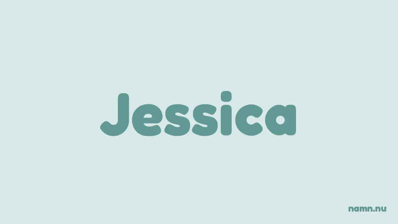 Texten "Jessica" i stora, runda bokstäver på en ljusblå bakgrund. Ett namn som lyser på vita duken.