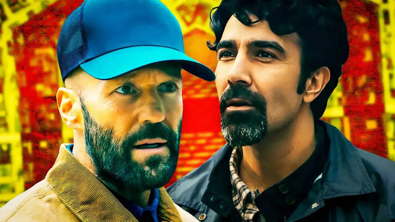Jason Statham och Iko Uwais i The Beekeeper. Tv&aring; m&auml;n med intensiv blick mot en f&auml;rgstark bakgrund.