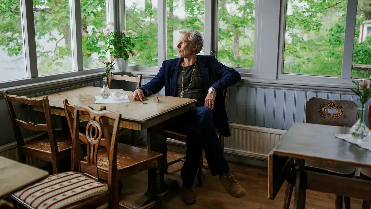 En man med grått hår sitter vid ett träbord, kanske väntar han på sin fru, Carl-Johan Vallgren fru.