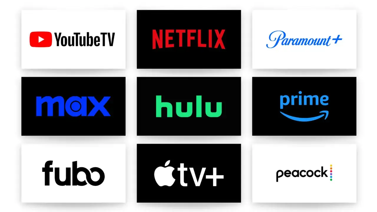Logotyper för streamingtjänster som YouTube TV, Netflix, Paramount+, Max, Hulu, Prime Video, Fubo, Apple TV+ och Peacock. Perfekt för att hitta nya serier.