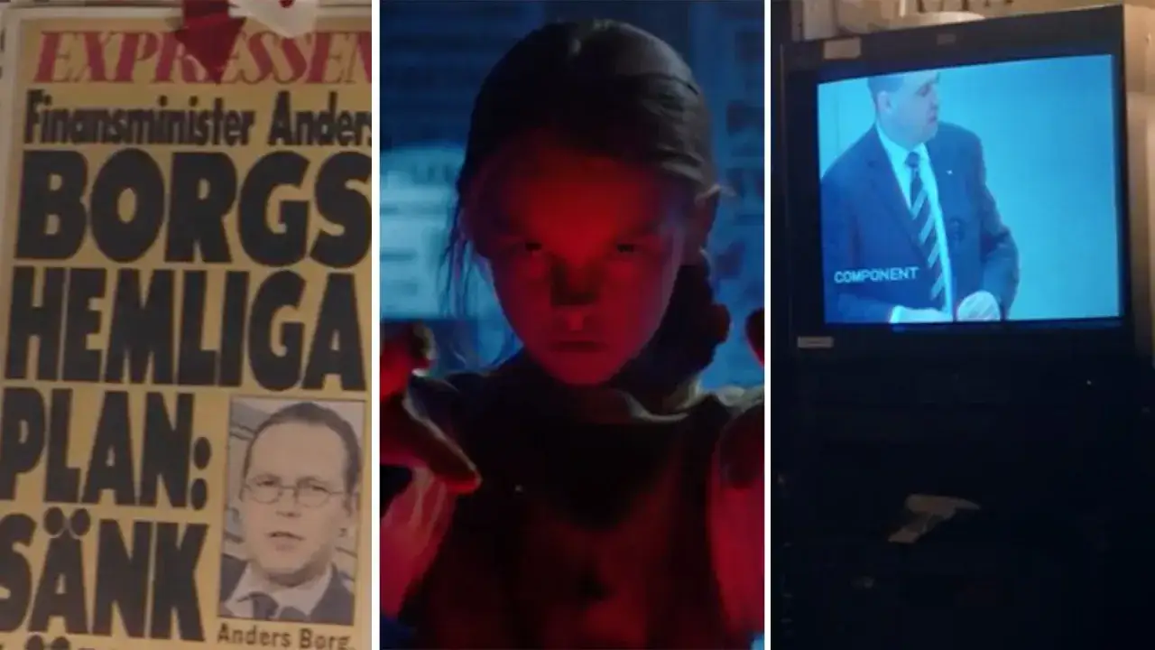 En tidning om Anders Borgs hemliga plan, en flicka med mörka krafter och en man på en TV-skärm. Kanske en vision av paradis city?