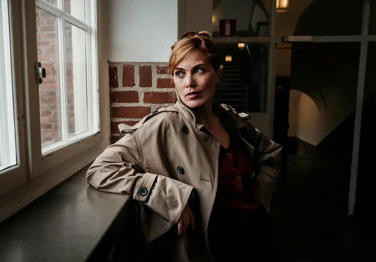 Lydia Sandgren, en kvinna med blick mot fönstret, bär en trenchcoat. Hon ser ut att fundera över något.