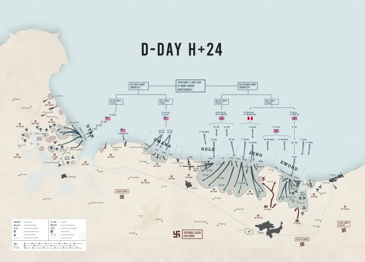 D-dagen H+24 karta visar allierade landstigningssektorer (Utah, Omaha, Gold, Juno, Sword) och tyska försvarslinjer.