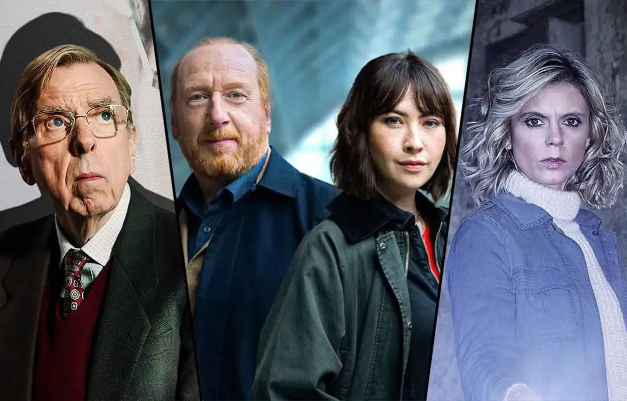 Fyra ansikten från en brittisk kriminalserie på SVT Play. En äldre man med glasögon, ett par i mitten och en kvinna med blont hår.