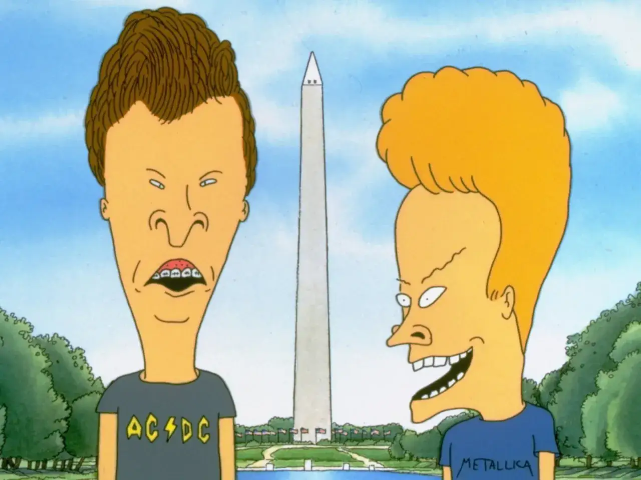 Beavis and Butt-Head skrattar framför Washington Monumentet.