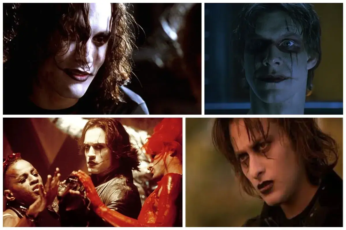 Fyra n&auml;rbilder p&aring; Eric Draven, ikonen fr&aring;n rollistan i The Crow, med sitt karakt&auml;ristiska smink och m&ouml;rka h&aring;r.