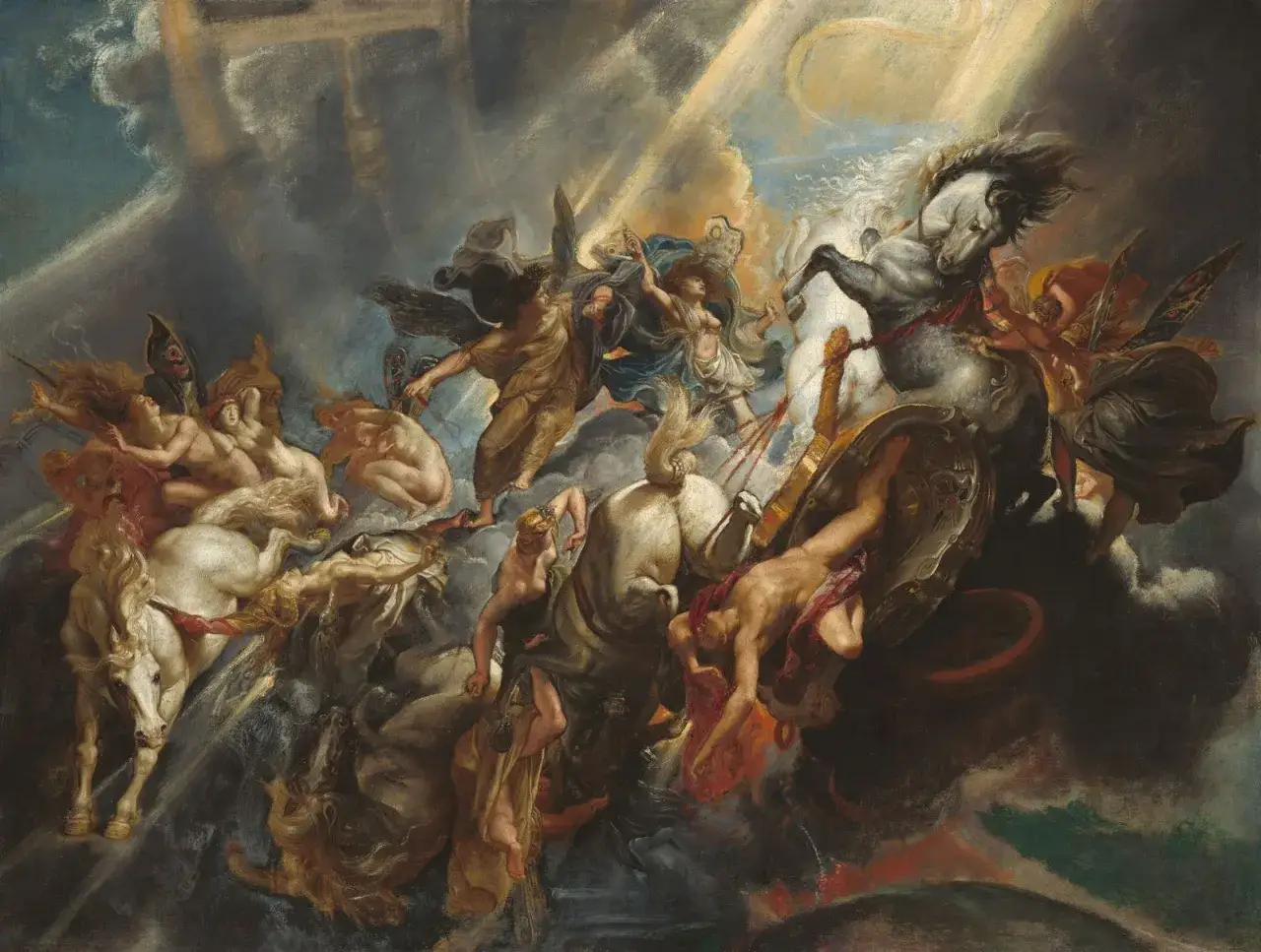 Peter Paul Rubens dramatiska målning visar en kaotisk himmel med fallande figurer och hästar, upplyst av gudomligt ljus.