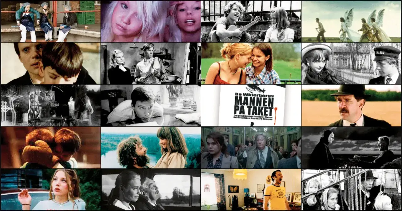 En collage av scener från svenska filmer från 90-talet, med allt från barn och ungdomar till dramatiska ögonblick och klassiska filmaffischer.