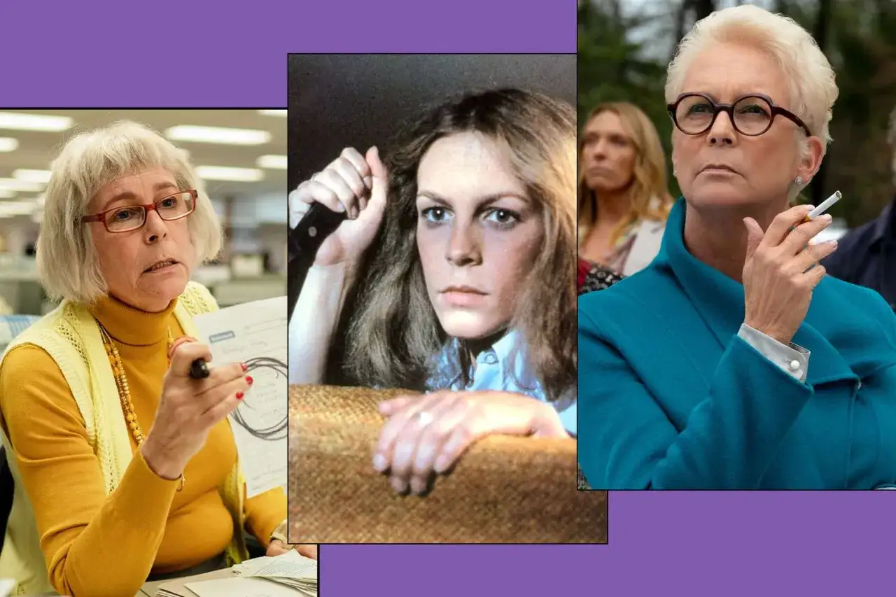 Jamie Lee Curtis i tre olika roller: som en &auml;ldre kvinna med glas&ouml;gon, som ung med en kniv, och som en &auml;ldre kvinna som r&ouml;ker. Filmer med Jamie Lee Curtis.
