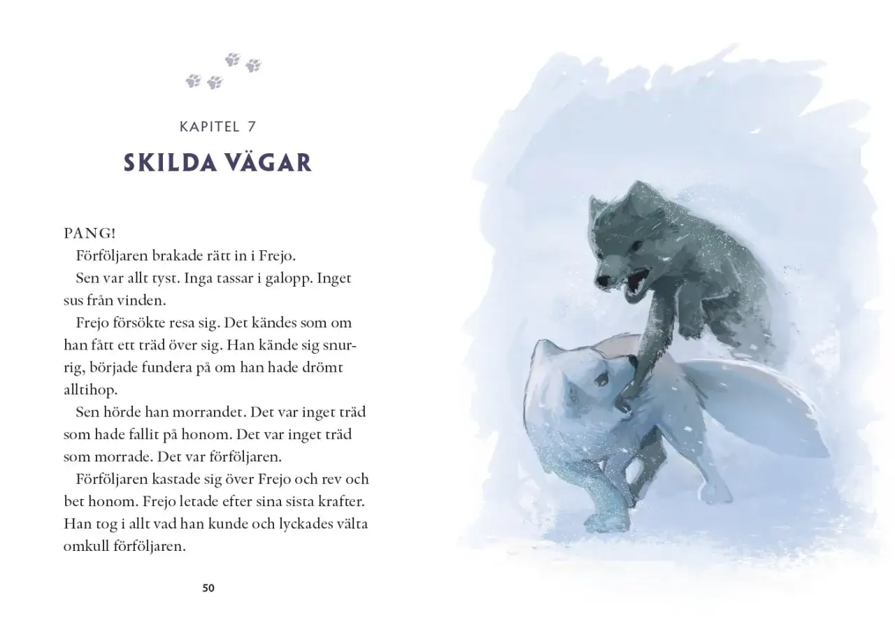 Två rävar, en vit och en grå, slåss i snön. En scen från en barnbok som handlar om att ge ut barnbok.