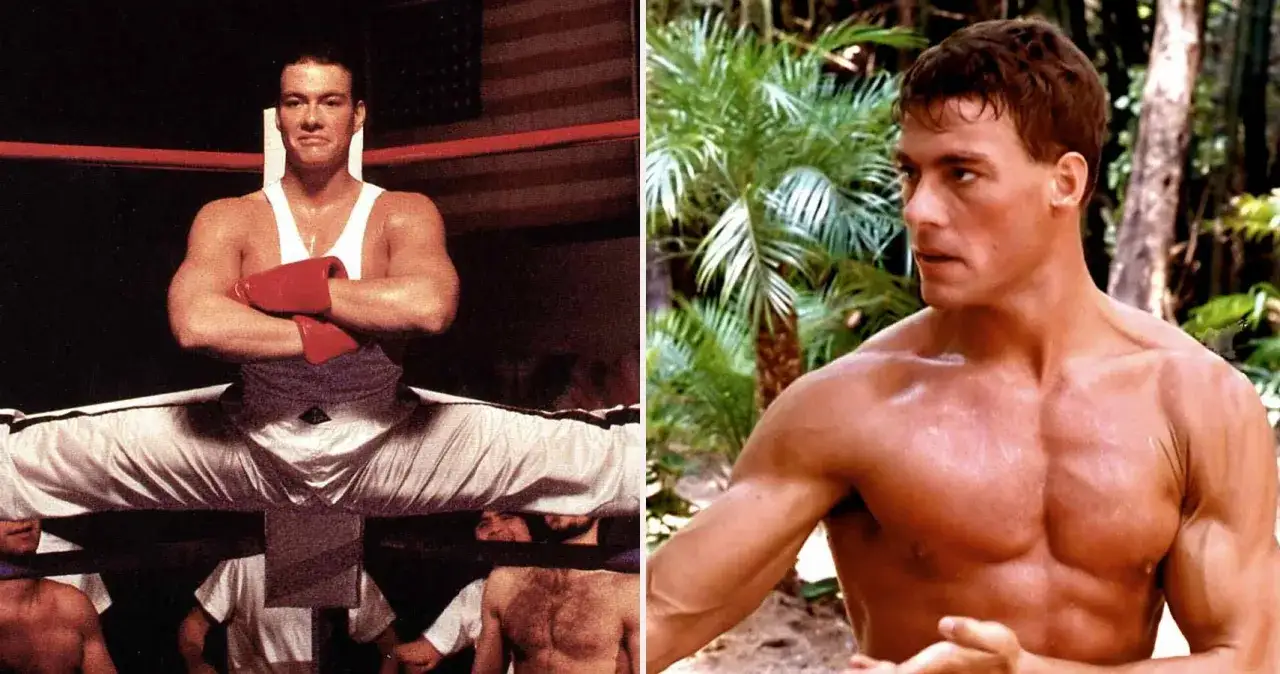 Jean-Claude Van Damme in a split in a ring and in a jungle setting.