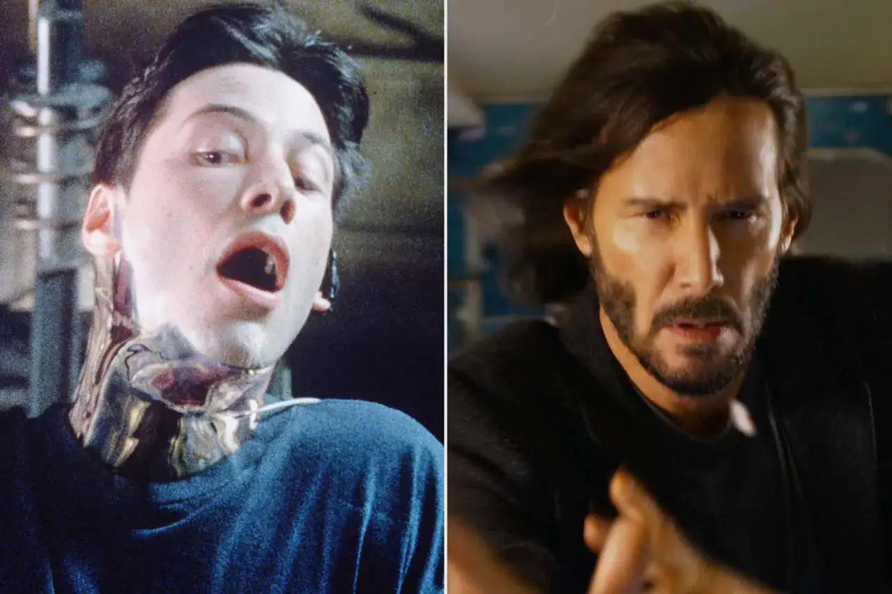 Keanu Reeves som Neo i Matrix, först med maskinanslutningar, sedan som en äldre man med skägg.