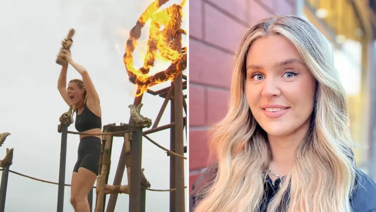 Robinson-vinnaren jublar med facklan. Till höger en bild på henne.