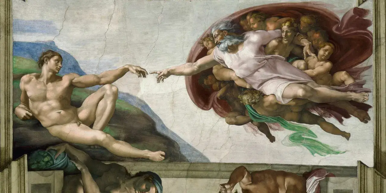 Michelangelo konstverk: Adams skapelse, där Guds finger nästan nuddar Adams.