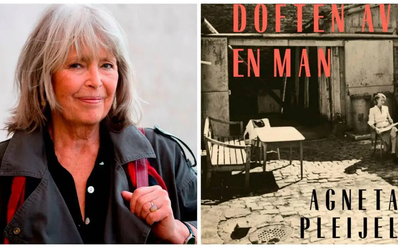 Porträtt av Agneta Pleijel ung bredvid bokomslag med titeln