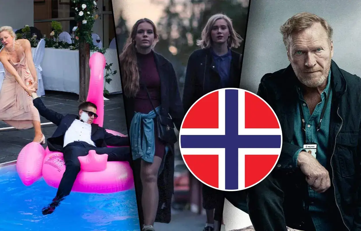 Collage med scener från en norsk serie. En kvinna drar i en man på en rosa flamingo i en pool. Två unga kvinnor går. En äldre man med polisbricka.