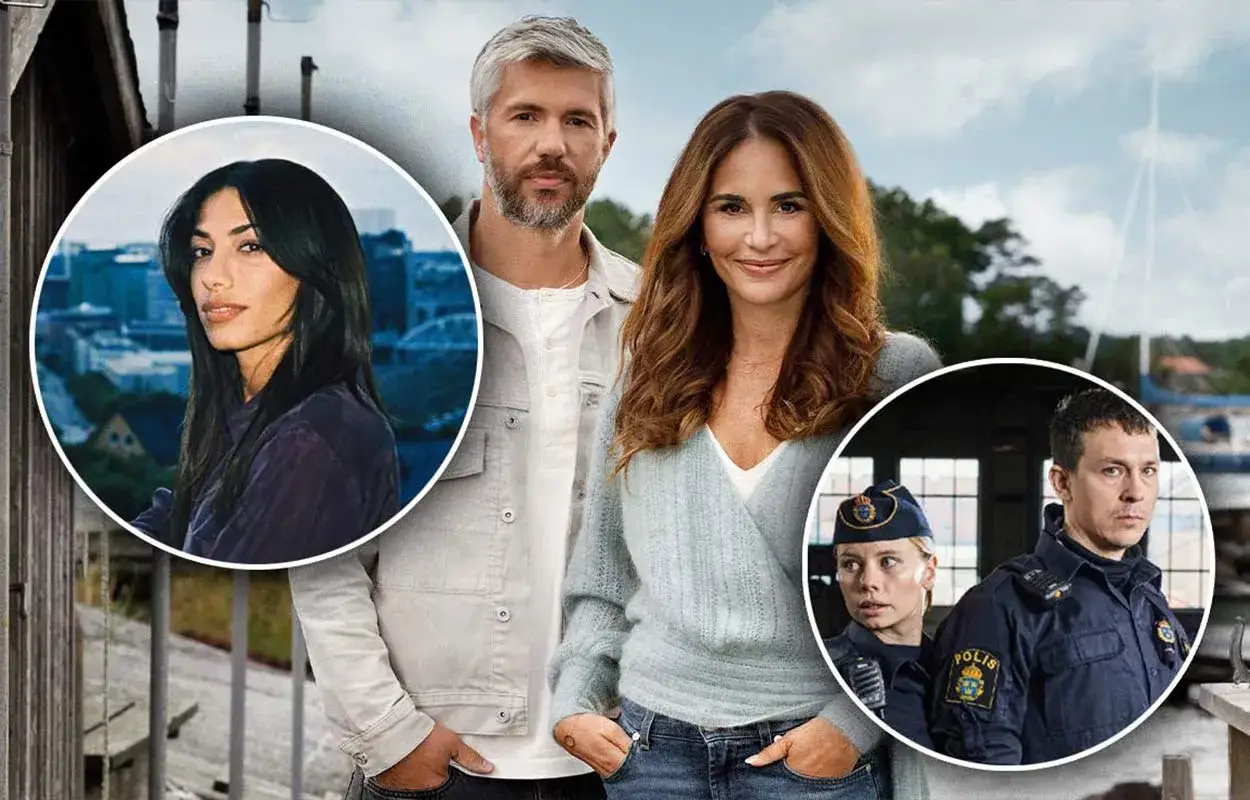 H&auml;r &auml;r sk&aring;despelarna fr&aring;n en ny svensk serie. En kvinna i cirkel med stad i bakgrunden, ett par i mitten och tv&aring; poliser i en annan cirkel.